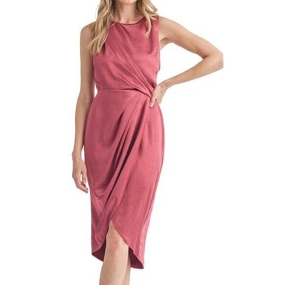Lush Dress Sleeveless Pleated Draped Tulip Hem Faux Wrap Midi Fuchsia Rose M - Picture 1 of 7
